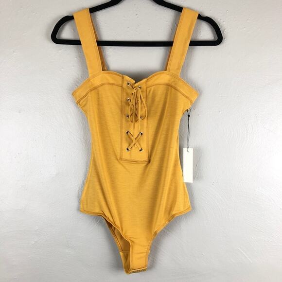 Capulet REVOLVE Mustard Yellow Goldenrod Cara Lace Up Front Lightweight Bodysuit - Picture 1 of 9
